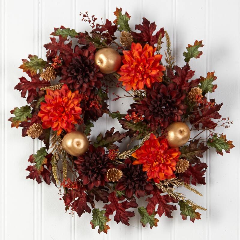 Dahlia with Oak Leaf and Berries Artificial Fall Harvest Wreath, 24-Inch, Unlit
