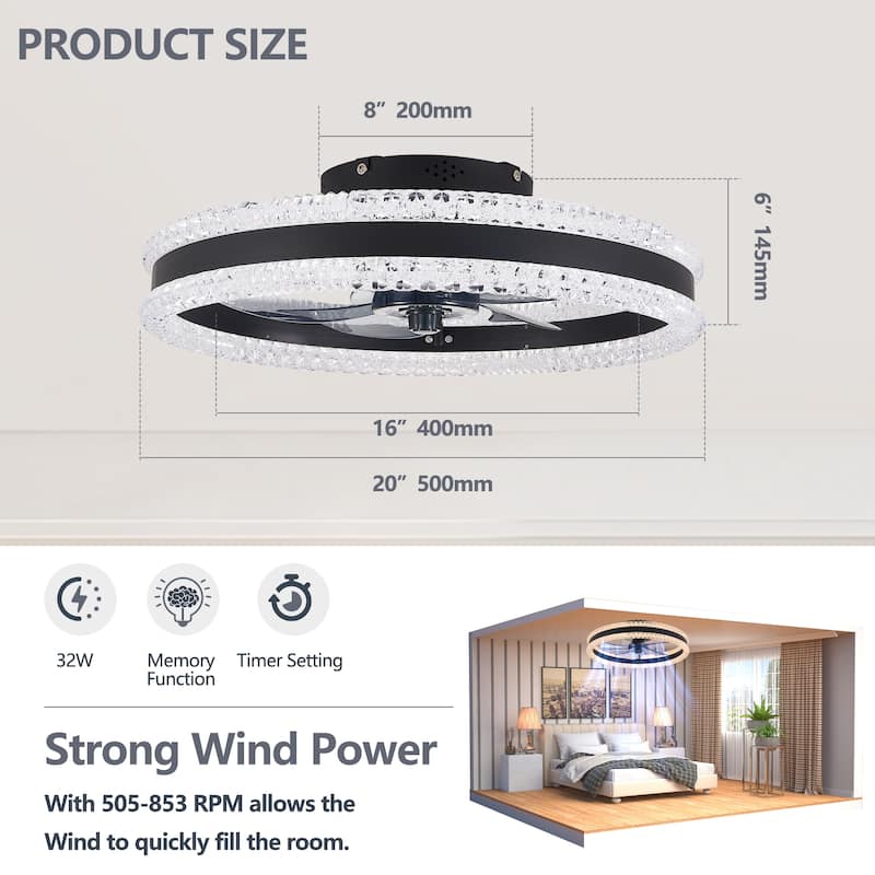 20" Luxury Double Ring LED Ceiling Fan with Light