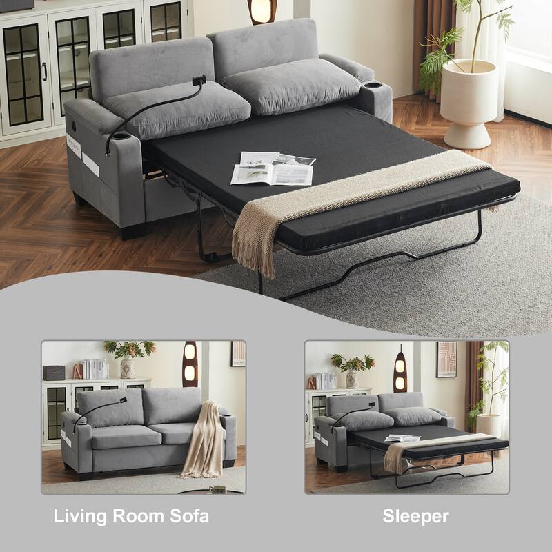 Pull-Out Queen Sofa Bed 73.63" with Memory Foam Mattress, Cup Holders, USB Ports, and Storage Pockets for Small Spaces