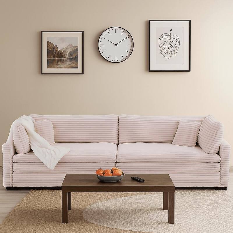 Classic Stylish Corduroy Fabric Upholstered Three-Seater Sofa with Two Throw Pillows - Pink