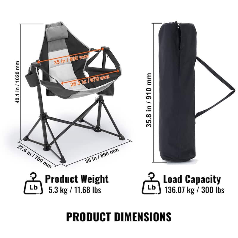 Steel Rocking Hammock Folding Chair with Cushion and Side Pocket - 27.55” L x 35.82” W x 36.02” H