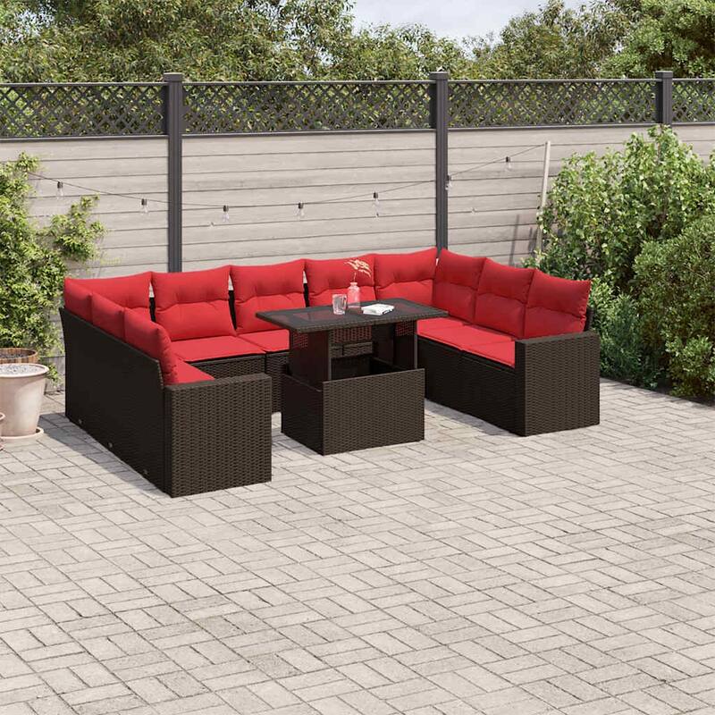 vidaXL 10 Piece Patio Sofa Set with Cushions Black/Brown/Gray Poly Rattan - Brown without storage