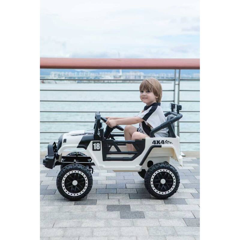 12V Kids Electric Ride-On Car with Remote Control, Black/White, Spring Suspension & LED Lights - White