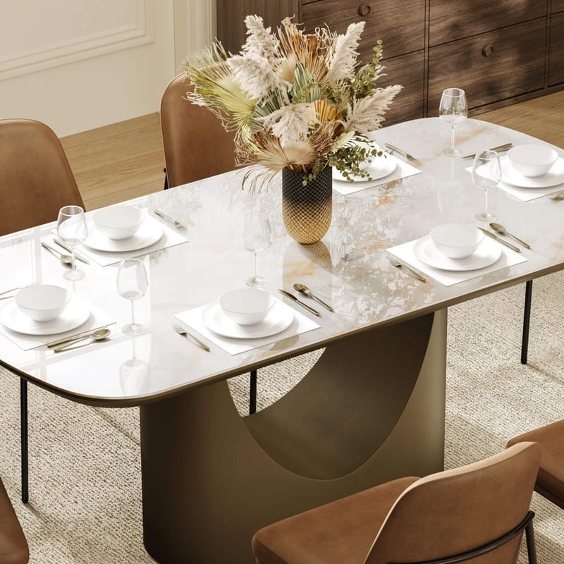 Spruce & Spring Modern Ceramic Top Dining Table with Sculptural Metal Base