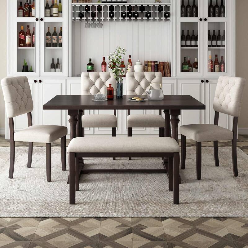 6 PCS Dining Table and Chair Set for 6-Foam-covered Seat Backs & Cushions