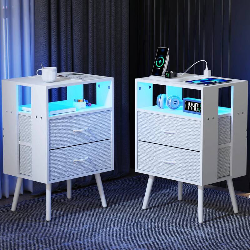 2-Pack LED Nightstands with Charging Station & Fabric Drawers - White - 2-drawer