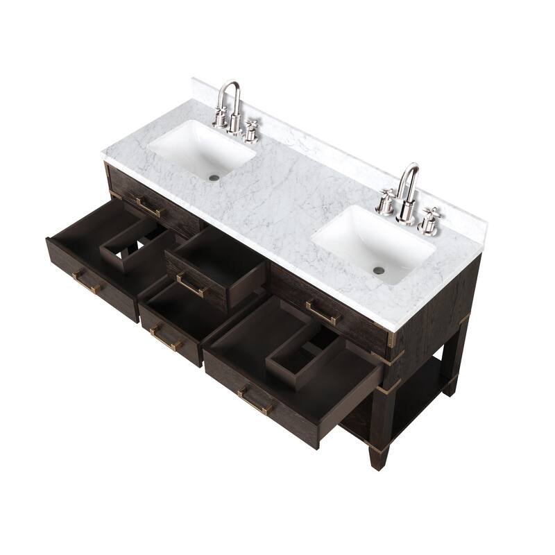 Lexora Norwalk Bath Vanity, Carrara Marble Top, Faucet Set, and Mirror
