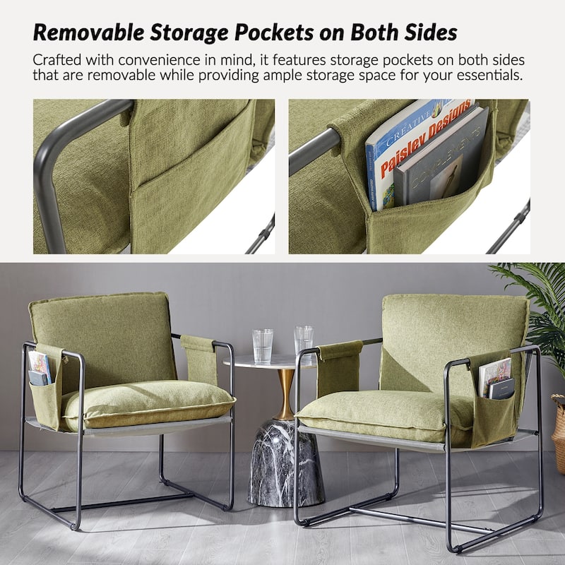 Rebeca Modern Metal Frame Arm Chair with Storage Pockets Set of 2 by HULALA HOME