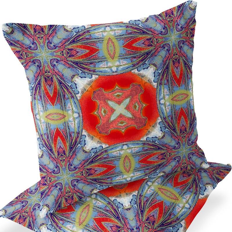 HomeRoots Set of Two 16" X 16" Blue and Orange Blown Seam Floral Indoor Outdoor Throw Pillow - 16.00' X '16.00' X '5.00
