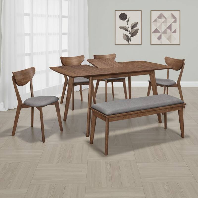 Relo 6pc Extendable Dining Table, Bench, 4 Chairs, Walnut Brown and Gray