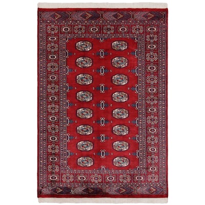 Southwestern Bokhara Darnell Red Blue Hand Knotted Rug - 4'1'' x 6'1''