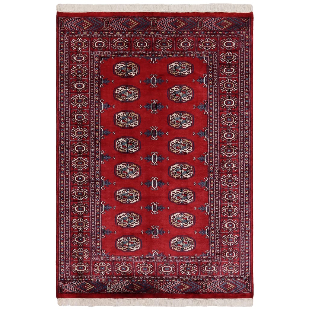 Southwestern Bokhara Darnell Red Blue Hand Knotted Rug - 4'1'' x 6'1''