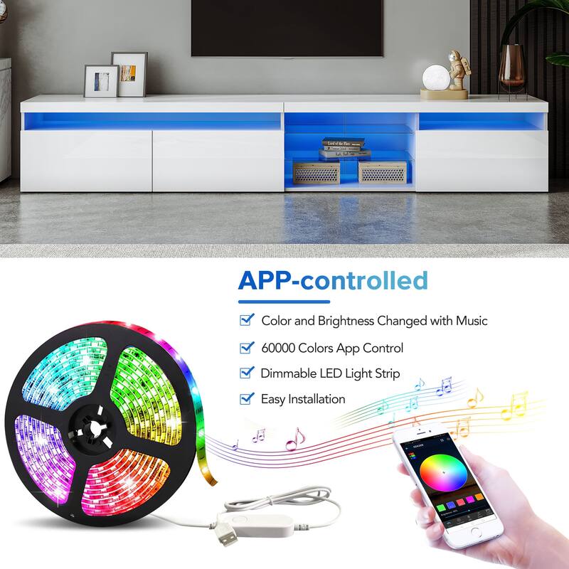 94.5" TV Stand with 2 Glass Shelves and LED Color Changing Lights for TVs Up to 105"