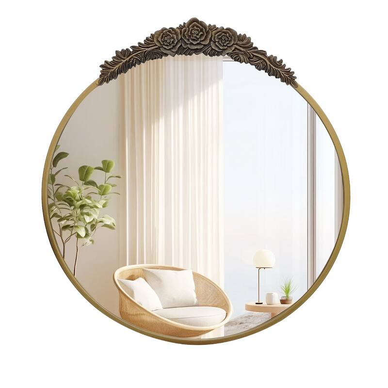 Traditional Round Mirror Antique Gold, Baroque Inspired Wall Decor