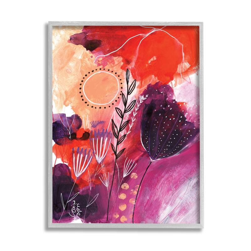 Stupell Whimsical Florals Blooming Orange Pink Purple Framed Wall Art - 11 x 14 - Grey