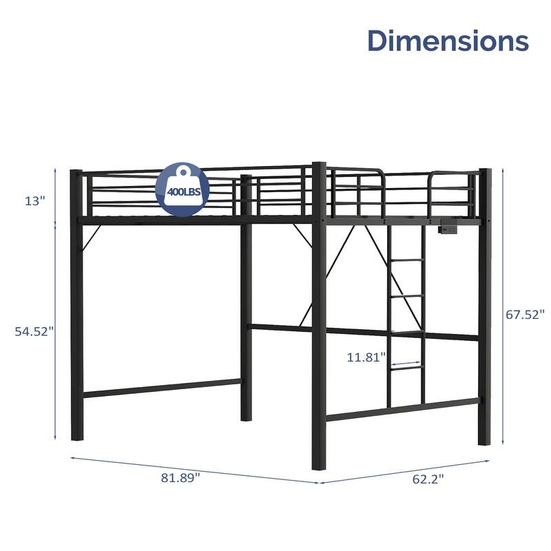 Black Queen Metal Loft Bed with LED Lights,Charging Station,Safety Guardrail and Ladder