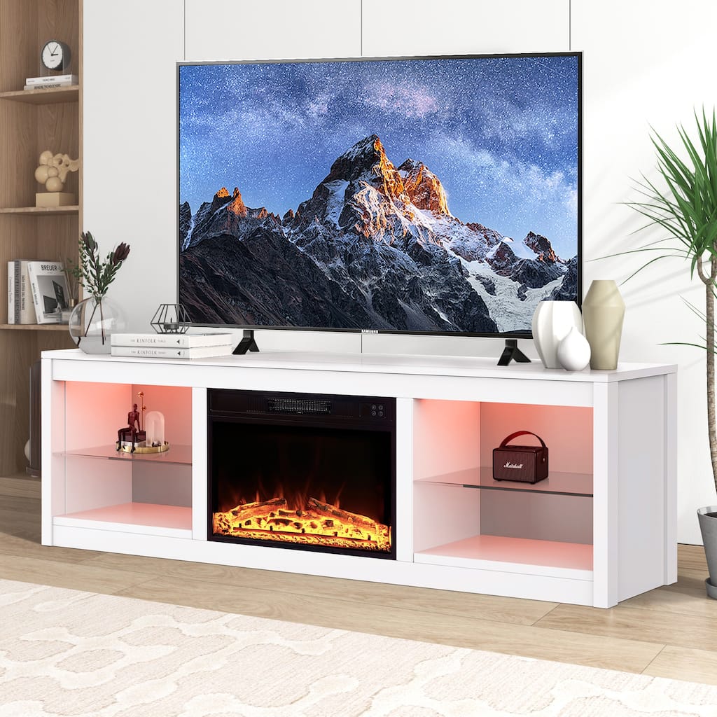 66" White Modern Electric Fireplace TV Stands Console for TV's up to 75" with Remote - 66 in console width