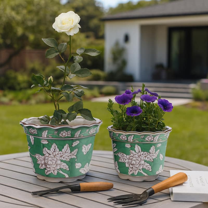 Ceramic Planters Embossed Bird Floral Detailing Scalloped (Set of 2) - 12.25" x 12.25" x 9.5"
