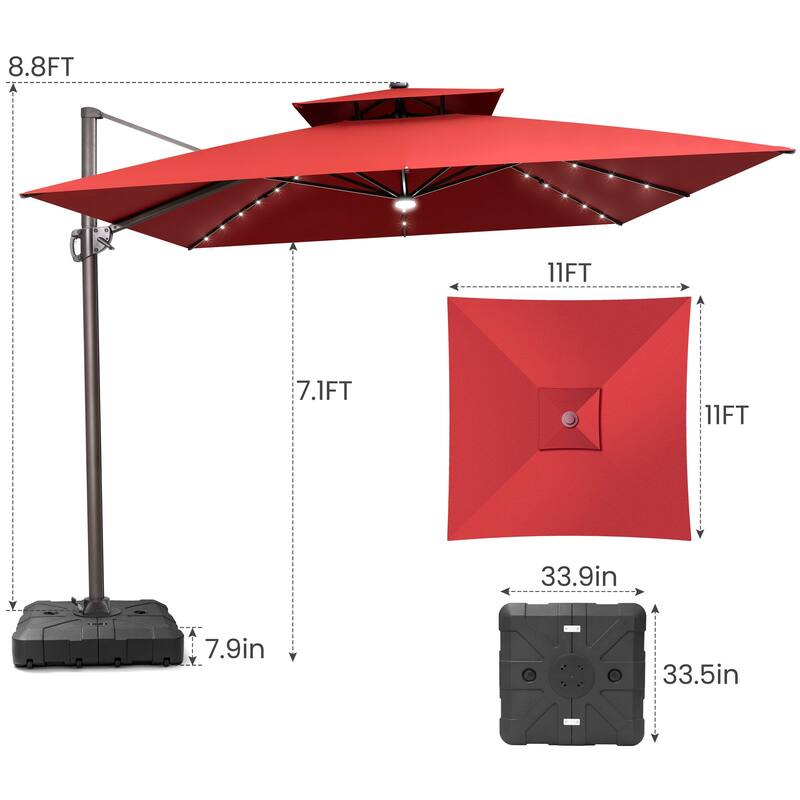 11 FT Solar-Powered LED Patio Cantilever Umbrella with Double Canopy and Base