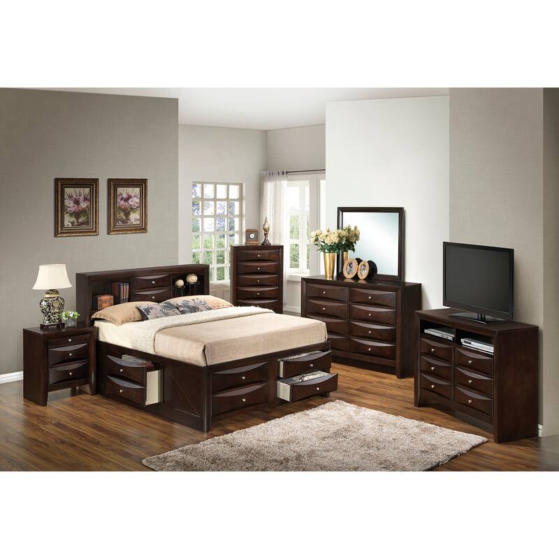 Full Panel Bed with Bookcase Storage - Wood Veneer & Dovetail Drawers - Casual Bed Frame