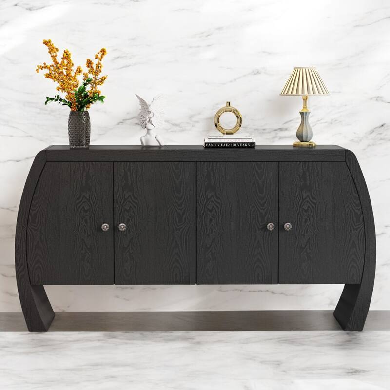 Four-Door Ash Veneer Storage Cabinet with Curved Legs, Antique Brass Handles, Perfect for Hallways, Entrances, and Living Rooms - Black