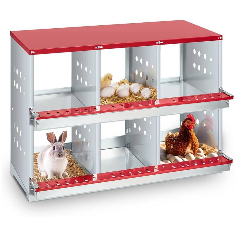 Chicken Nesting Box for Hens, Rabbits, Ducks - Red - Red 6 Compartments with Cover