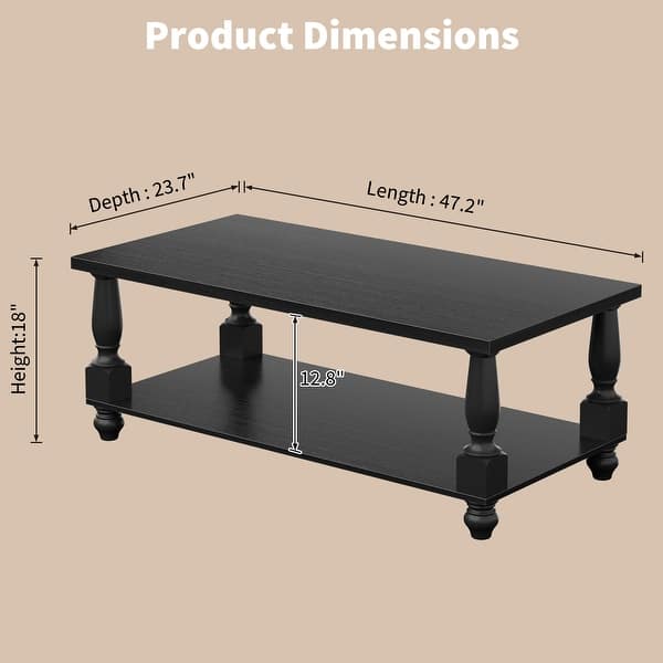 dimension image slide 0 of 2, Farmhouse Coffee Table with Storage Shelf, French Country Living Room Table