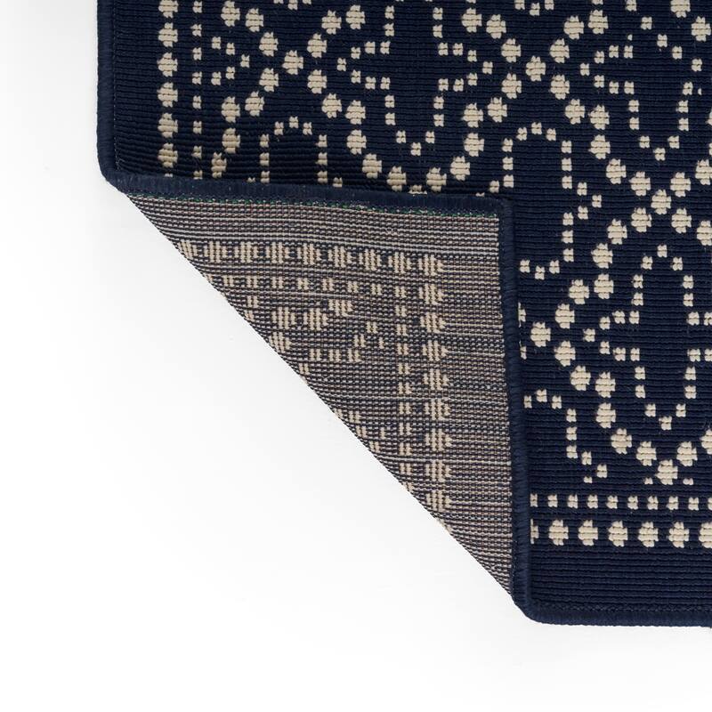 Navy Blue & Ivory Outdoor Area Rug with Elegant Border Design, Durable Polypropylene, Ideal for Patio, Deck, or Balcony