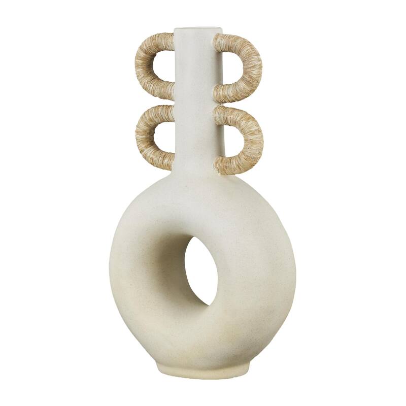 Resin Round Speckled Decorative Vase with Woven Inspired Arched Handles and Cutout Opening - Cream - Roche River Decor
