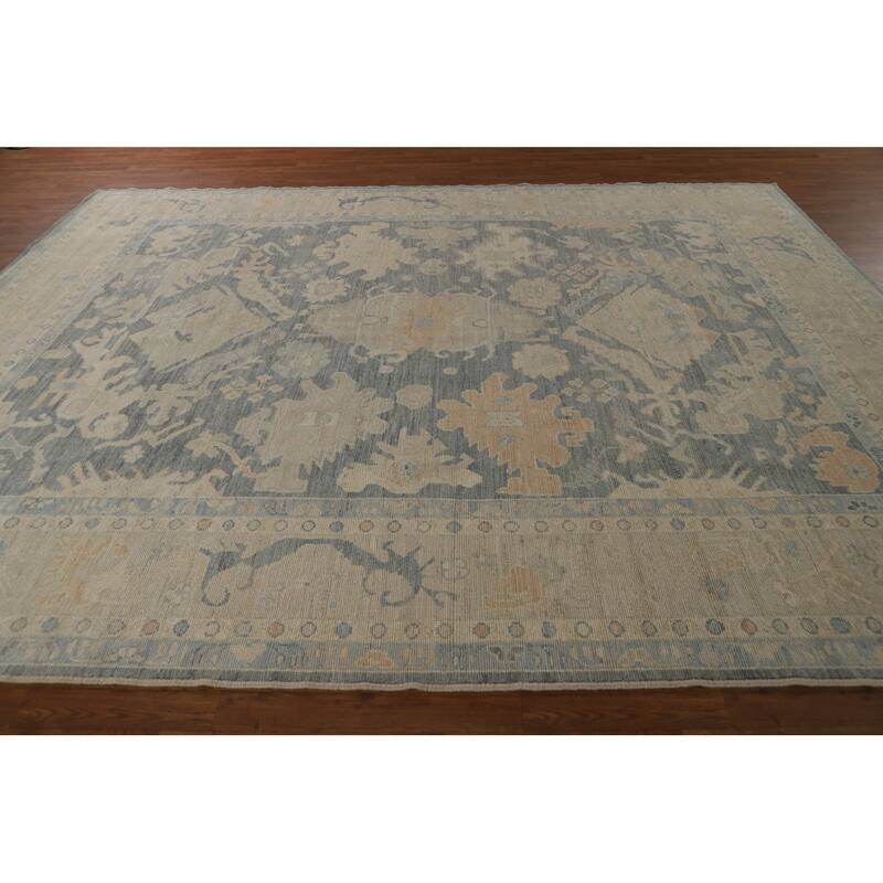 Vegetable Dye Oushak Turkish Rug Hand-Knotted Grey Wool Carpet - 9'2" x 11'10"