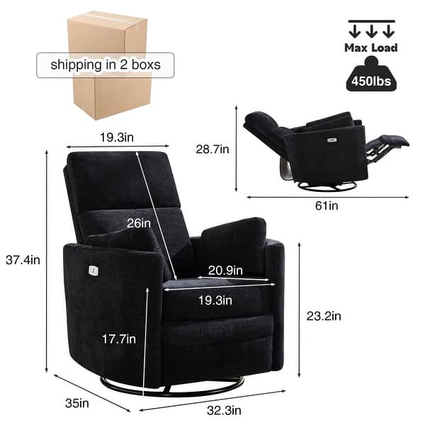 dimension image slide 0 of 8, HOMYKA Power Rocker Swivel Recliner with USB and Type-C Ports
