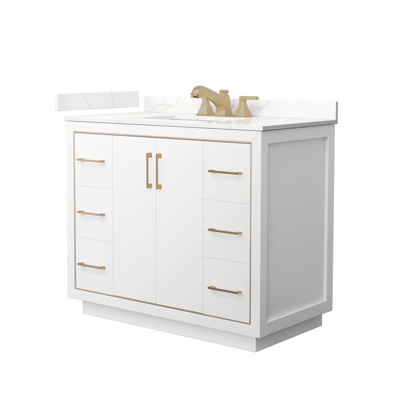 Wyndham Collection WCF111142S-QTZ-US3MXX Icon 42" Free Standing Single - White / Giotto Quartz Top / Satin Bronze Hardware