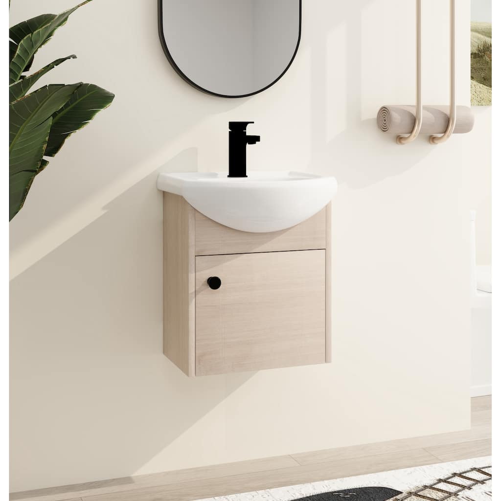 Malwee 18" Floating Bathroom Vanity, Mini Wall Mounted Bathroom Vanity with Ceramic Oval Sink and Soft Close Door