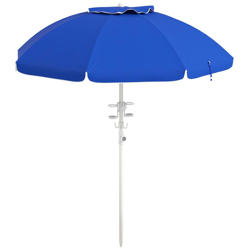 5.7' Portable Beach Umbrella with Tilt, Adjustable Height, 2 Cup Holders & Hooks, UV 40+ Ruffled Outdoor Umbrella