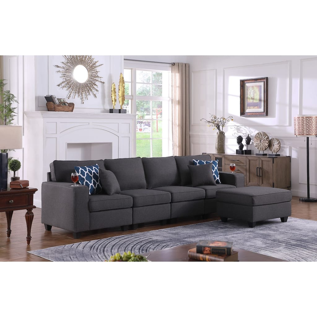 Linen Upholstered 4-Seater Sofa with Ottoman in Dark Gray