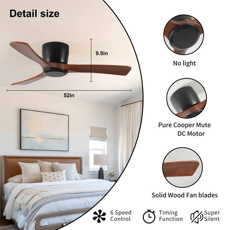 52 Inch Ceiling Fan with Remote Control, Low Profile Flush Mount Ceiling Fan without Light, Noiseless Reversible DC Motor