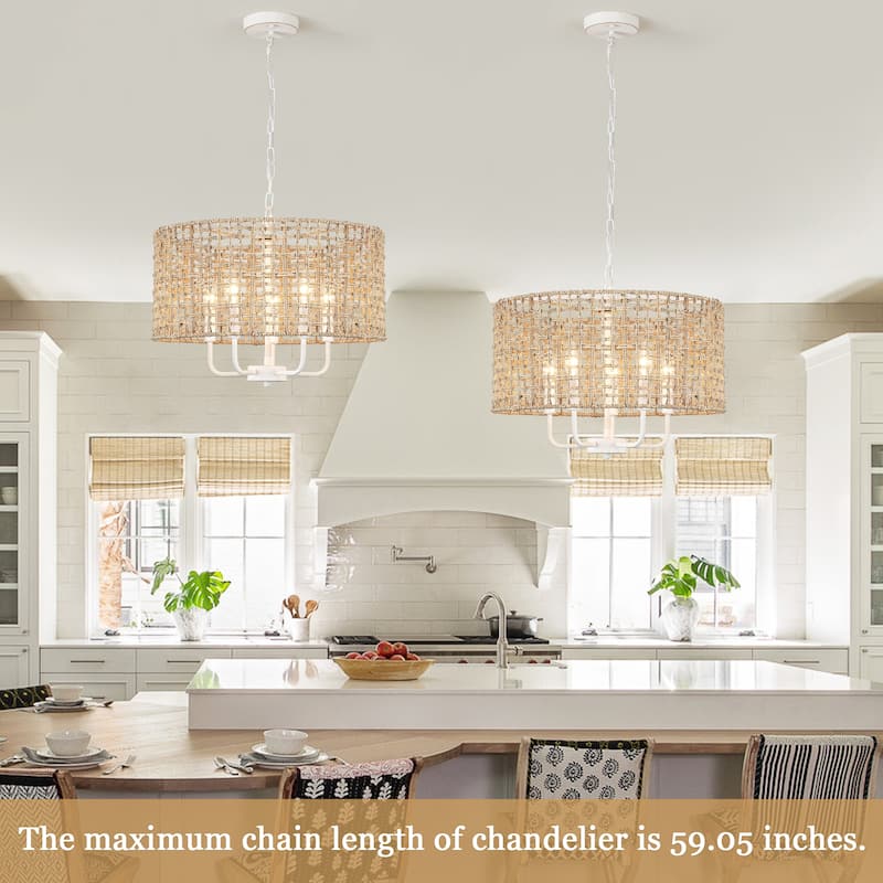 5 - Light Dimmable Drum Chandelier Natural Rattan Bohemian & Coastal Pendant - 18.9 in
