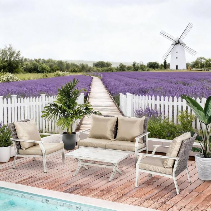 GDFStudio - Aluminum PE Rattan 4-Piece Outdoor Conversation Sofa Set