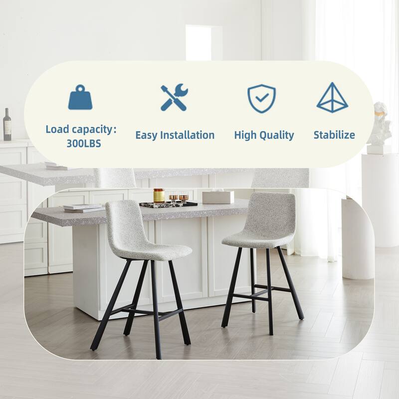 Rossetta 2-Piece Contemporary Light Gray Fabric Bar Stool Set with Reinforced Integrated Footrest and Metal Frame