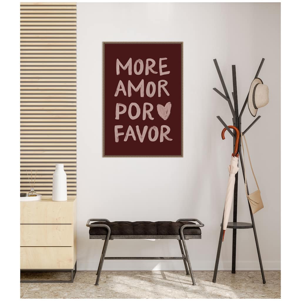 Kate and Laurel More Amor Por Favor Hand Painted Typography Maroon by Lucky Guava Framed Canvas Wall Art Print