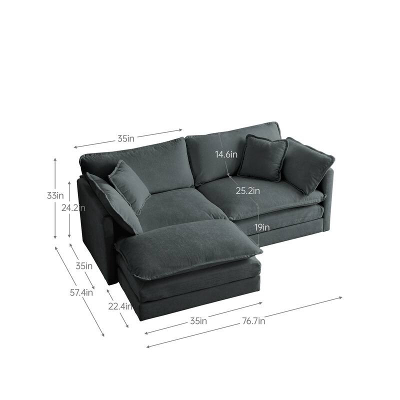 GDFStudio - Pawn Chenille L-Shaped 2 Seater Sofa with 1 Ottoman with Pillow