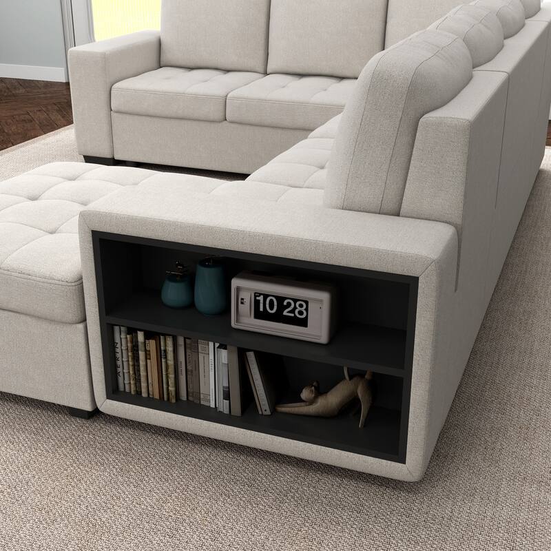 Furniture of America Jaquel Modern Biscuit Tufted Seat Sleeper Sofa Sectional with Storage Shelves and USB Ports