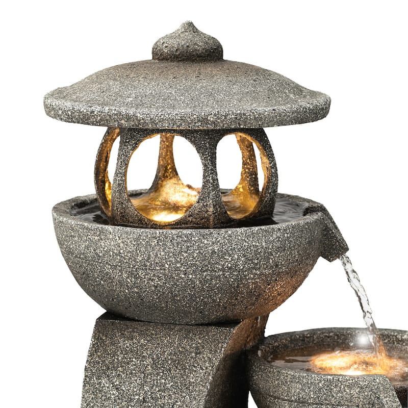 Glitzhome 32"H 4-Tiered Zen Pagoda Polyresin LED Lighted Outdoor Floor Water Fountain