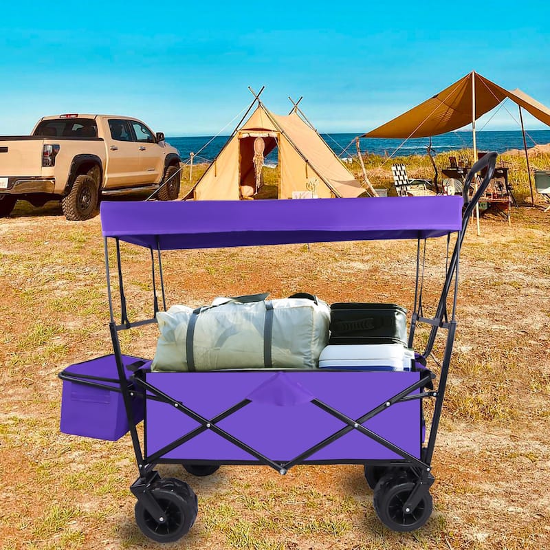 Outdoor Camping Kids Foldable Wagon,Portable Beach Trolley Cart with Removable Canopy
