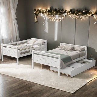 Twin over Full Bunk Bed with Ladder, Twin Size Trundle, Safety Guardrail