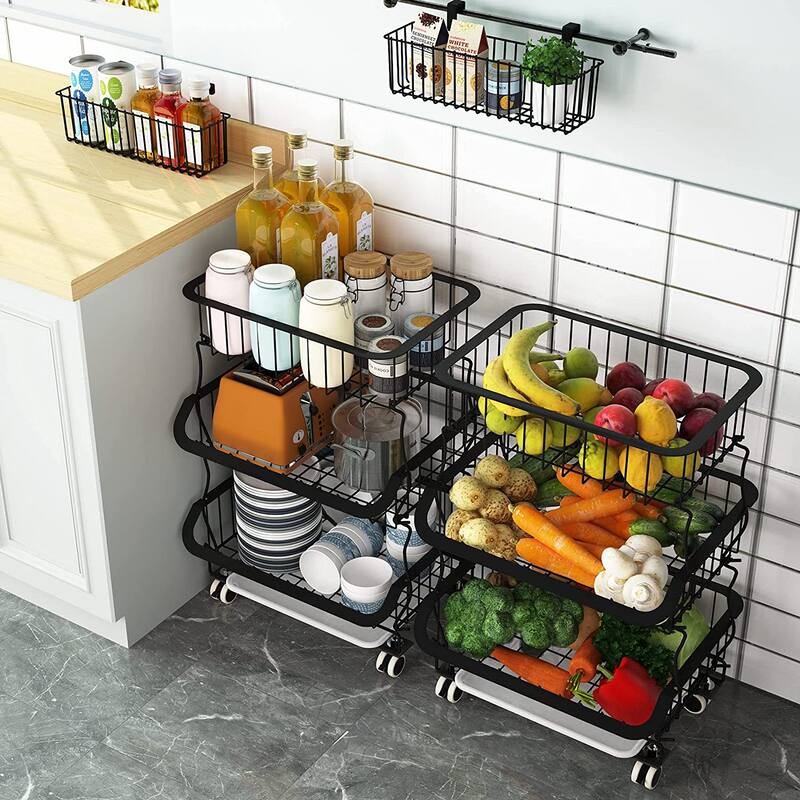 3 Tier Stackable Metal Wire Fruit Basket Cart for Kitchen, Pantry