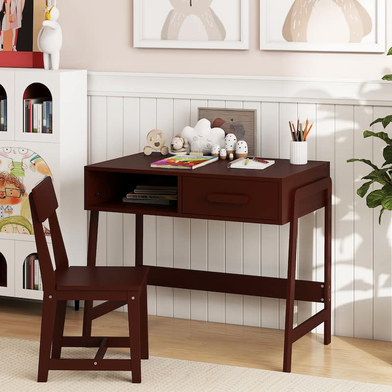 Kids Study Table and Chair Set with Storage Drawer and Hutch and Pine Wood Frame for 3 Over Years Old - 33.5" x 19" x 27.5"