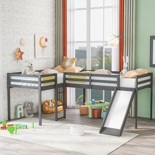 L-Shaped Twin Size Pine Wood Loft Bed with Ladder and Slide - Bed Bath ...