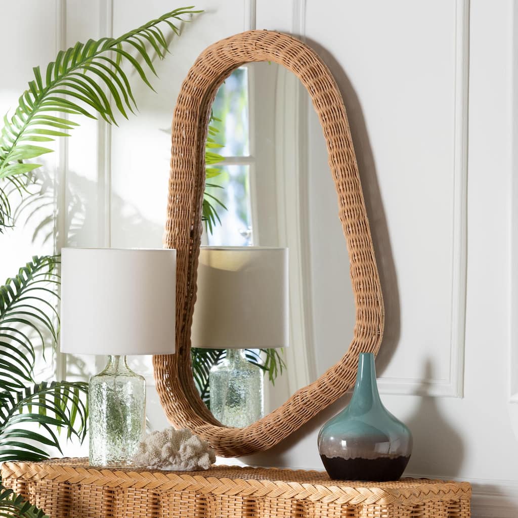 Ulrica Natural Rattan Wall Mirror - Handwoven Wicker Irregular Shape Accent Mirror for Living Room, Bedroom, or Entryway - Honey