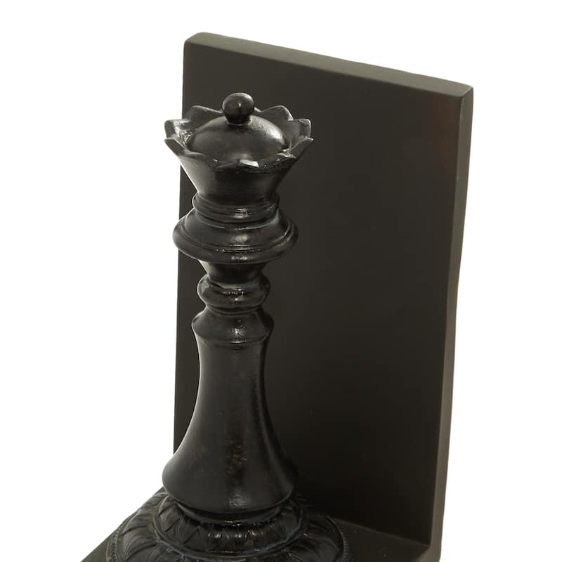 Black Polystone Chess Decorative Bookends with King and Queen (Set of 2)
